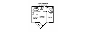 One bedroom, one bathroom apartment layout at Sunset Towers in St. Thomas, ON