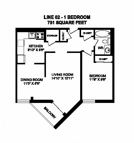 One bedroom, one bathroom apartment layout at Sunset Towers in St. Thomas, ON