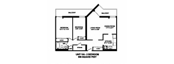 Two bedroom, one bathroom apartment layout at Sunset Towers in St. Thomas, ON