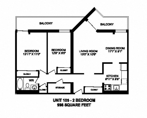 Two bedroom, one bathroom apartment layout at Sunset Towers in St. Thomas, ON