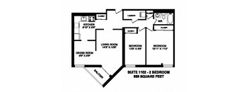 Two bedroom, one bathroom apartment layout at Sunset Towers in St. Thomas, ON