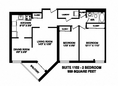 Two bedroom, one bathroom apartment layout at Sunset Towers in St. Thomas, ON
