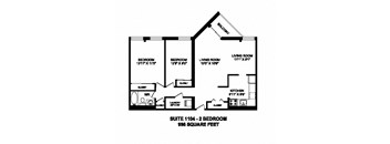 Two bedroom, one bathroom apartment layout at Sunset Towers in St. Thomas, ON