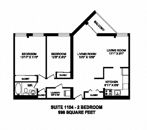 Two bedroom, one bathroom apartment layout at Sunset Towers in St. Thomas, ON