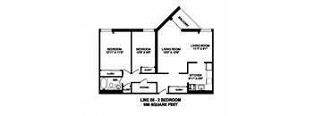 Two bedroom, one bathroom apartment layout at Sunset Towers in St. Thomas, ON