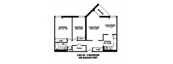 Two bedroom, one bathroom apartment layout at Sunset Towers in St. Thomas, ON