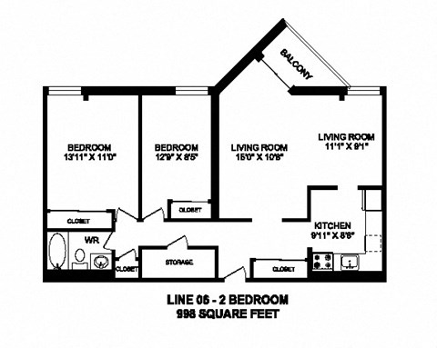 Two bedroom, one bathroom apartment layout at Sunset Towers in St. Thomas, ON