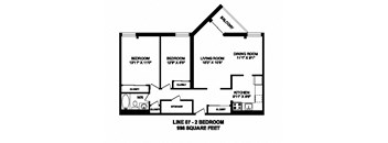 Two bedroom, one bathroom apartment layout at Sunset Towers in St. Thomas, ON
