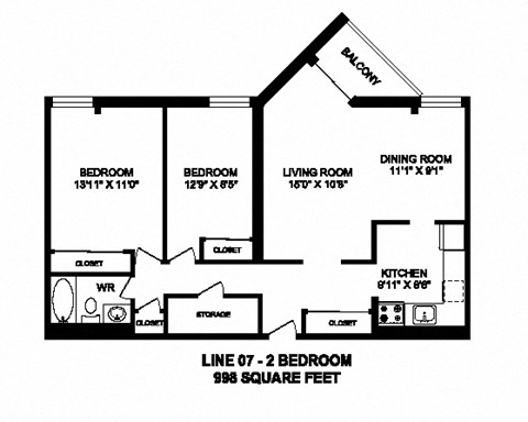 Two bedroom, one bathroom apartment layout at Sunset Towers in St. Thomas, ON