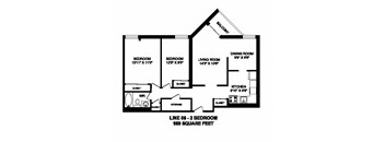 Two bedroom, one bathroom apartment layout at Sunset Towers in St. Thomas, ON