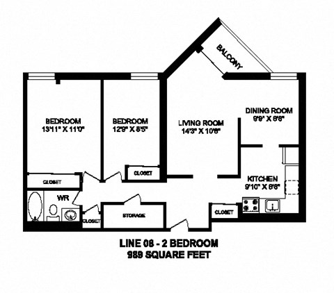 Two bedroom, one bathroom apartment layout at Sunset Towers in St. Thomas, ON