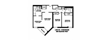 Two bedroom, one bathroom apartment layout at Sunset Towers in St. Thomas, ON