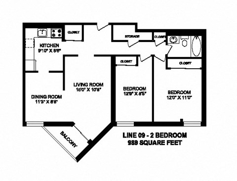 Two bedroom, one bathroom apartment layout at Sunset Towers in St. Thomas, ON