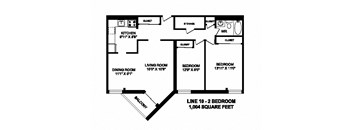 Two bedroom, one bathroom apartment layout at Sunset Towers in St. Thomas, ON
