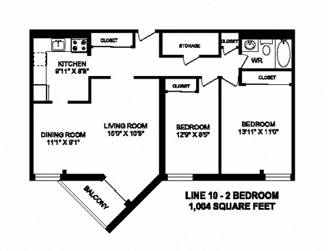 Two bedroom, one bathroom apartment layout at Sunset Towers in St. Thomas, ON