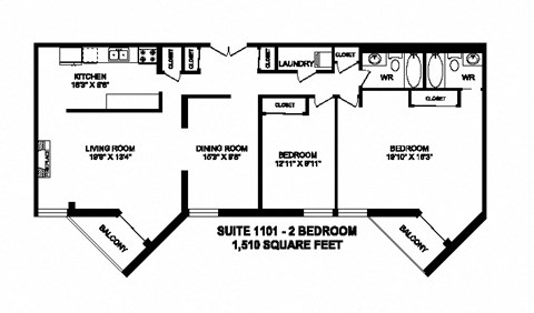 Two bedroom, two bathroom apartment layout at Sunset Towers in St. Thomas, ON