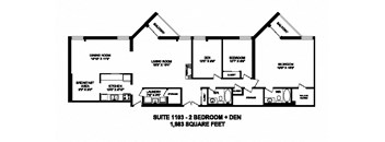 Two bedroom plus den, two bathroom apartment layout at Sunset Towers in St. Thomas, ON