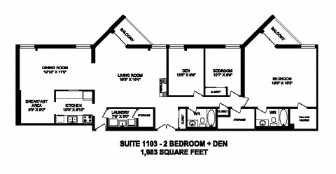 Two bedroom plus den, two bathroom apartment layout at Sunset Towers in St. Thomas, ON