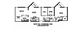 Two bedroom plus den, two bathroom apartment layout at Sunset Towers in St. Thomas, ON