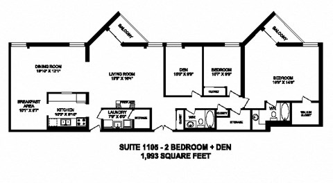 Two bedroom plus den, two bathroom apartment layout at Sunset Towers in St. Thomas, ON