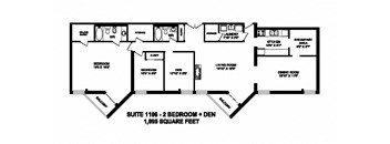 Two bedroom plus den, two bathroom apartment layout at Sunset Towers in St. Thomas, ON