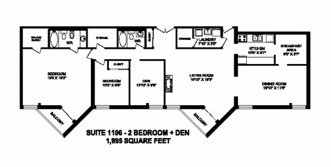 Two bedroom plus den, two bathroom apartment layout at Sunset Towers in St. Thomas, ON