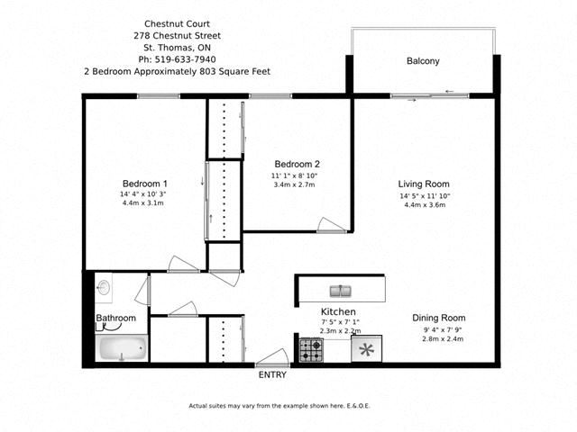 Two bedroom, one bathroom apartment layout at Chestnut Court in St. Thomas, ON