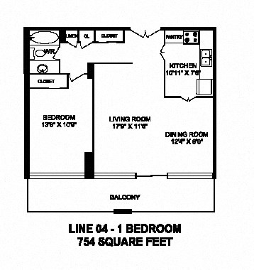 One bedroom, one bathroom apartment layout at Monaco Towers in Toronto, ON