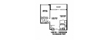 One bedroom, one bathroom apartment layout at Monaco Towers in Toronto, ON