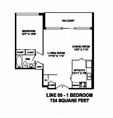 One bedroom, one bathroom apartment layout at Monaco Towers in Toronto, ON