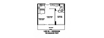 One bedroom, one bathroom apartment layout at Monaco Towers in Toronto, ON