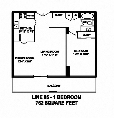 One bedroom, one bathroom apartment layout at Monaco Towers in Toronto, ON