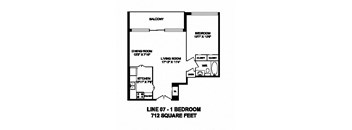 One bedroom, one bathroom apartment layout at Monaco Towers in Toronto, ON
