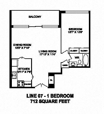 One bedroom, one bathroom apartment layout at Monaco Towers in Toronto, ON