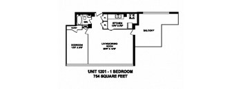 One bedroom, one bathroom apartment layout at Monaco Towers in Toronto, ON