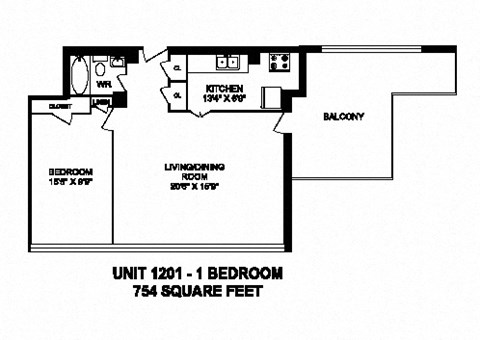 One bedroom, one bathroom apartment layout at Monaco Towers in Toronto, ON