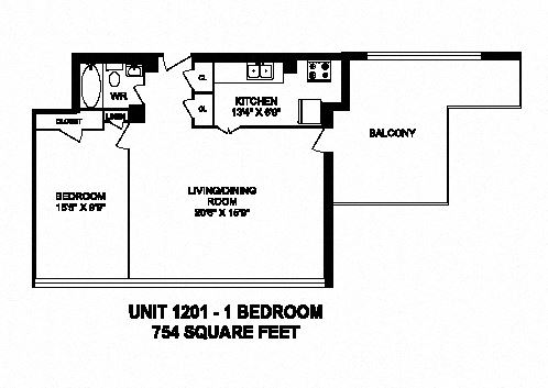 One bedroom, one bathroom apartment layout at Monaco Towers in Toronto, ON