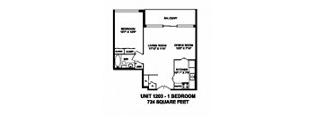 One bedroom, one bathroom apartment layout at Monaco Towers in Toronto, ON