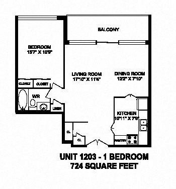 One bedroom, one bathroom apartment layout at Monaco Towers in Toronto, ON