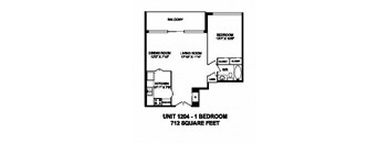 One bedroom, one bathroom apartment layout at Monaco Towers in Toronto, ON