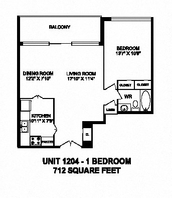 One bedroom, one bathroom apartment layout at Monaco Towers in Toronto, ON