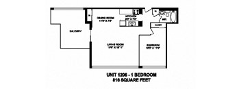 One bedroom, one bathroom apartment layout at Monaco Towers in Toronto, ON