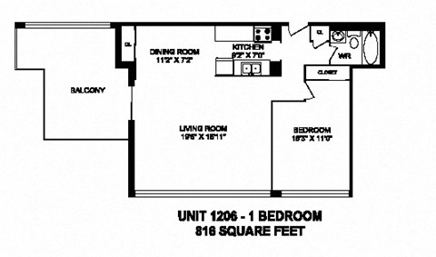 One bedroom, one bathroom apartment layout at Monaco Towers in Toronto, ON