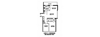 Two bedroom, one bathroom apartment layout at Monaco Towers in Toronto, ON