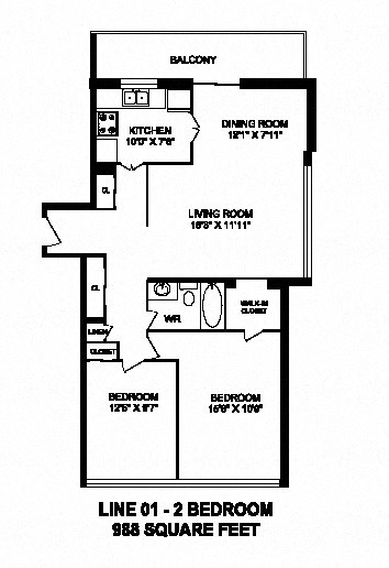 Two bedroom, one bathroom apartment layout at Monaco Towers in Toronto, ON