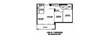 Two bedroom, one bathroom apartment layout at Monaco Towers in Toronto, ON
