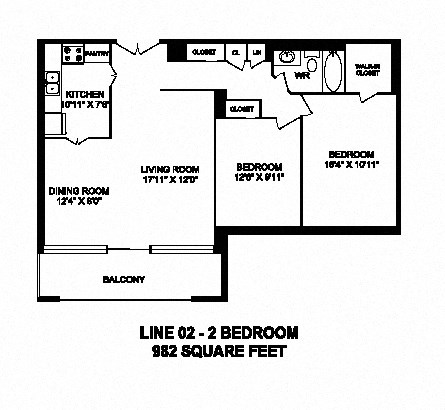 Two bedroom, one bathroom apartment layout at Monaco Towers in Toronto, ON