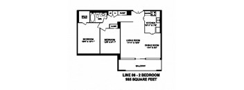 Two bedroom, one bathroom apartment layout at Monaco Towers in Toronto, ON