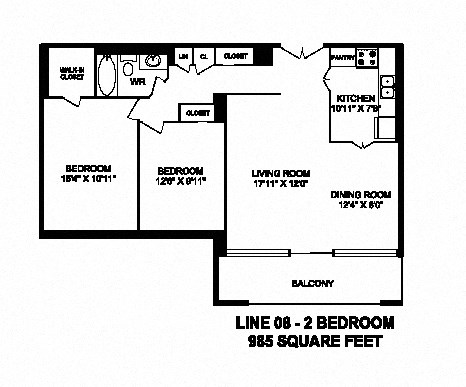 Two bedroom, one bathroom apartment layout at Monaco Towers in Toronto, ON