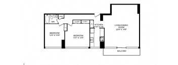 Two bedroom, one bathroom apartment layout at Monaco Towers in Toronto, ON